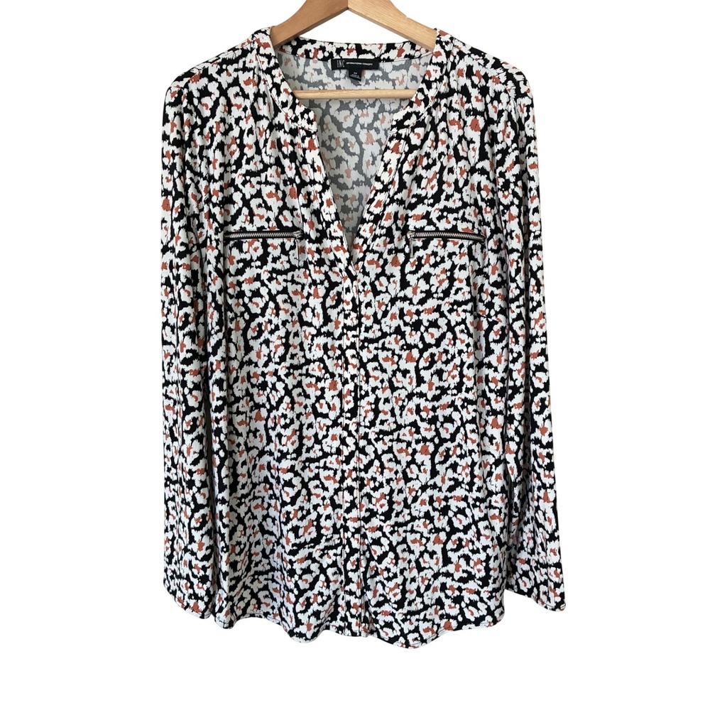 INC International Concepts Women 2X Animal Print Zipper Detail Blouse Rust Black